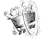 black_and_white canine cub cute_fangs digital_drawing_(artwork) digital_media_(artwork) duo excited fire housepets! howl line_art male mammal monochrome open_mouth raised_arm rick_griffin shopping_cart signature uhoh what wolf young 