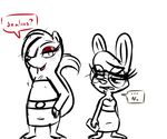  2016 anthro blush claws clothed clothing crossdressing dialogue disney duo english_text eyeshadow eyewear fan_character female glasses hair hair_over_eye hugh_muskroura inkyfrog lagomorph lipstick makeup male mammal maxine_d&#039;lapin rabbit restricted_palette simple_background skunk text white_background zootopia 