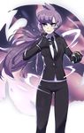  earpiece formal gloves highres holding holding_poke_ball jacket lila_(pokemon) long_hair necktie pant_suit poke_ball pokemon pokemon_(game) pokemon_sm ponytail purple_eyes purple_hair ryairyai solo suit 