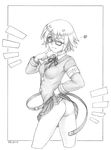  1girl ass greyscale harumachi_nagaaki monochrome no_panties open_mouth school_uniform short_hair skirt skirt_lift smile solo thighs tongue 