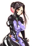  absurdres between_legs black_hair blush bodysuit braid breasts brown_eyes cleavage commentary_request covered_navel covered_nipples crown_braid flower glowing hair_flower hair_ornament hand_between_legs highres large_breasts lips looking_at_viewer muvluv muvluv_alternative pham_thi_ran purple_bodysuit sangyou_haikibutsu_a schwarzesmarken seiza shiny shiny_clothes shiny_hair short_hair sidelocks simple_background sitting skin_tight smile solo 