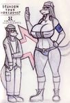  anthro big_breasts breasts canine clothed clothing duo female fox kraken_(artist) male mammal nipple_bulge sketch skimpy smile standing traditional_media_(artwork) 