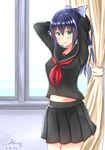  2016 arms_behind_head arms_up bangs black_serafuku black_skirt blush bow breasts collarbone curtains dated edelweiss_(wsparkz) eyebrows_visible_through_hair green_eyes hair_bow highres indoors long_hair long_sleeves looking_at_viewer medium_breasts midriff neckerchief original pleated_skirt ponytail purple_hair red_neckwear school_uniform serafuku signature skirt solo standing window 