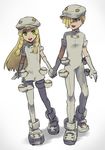 1girl aether_foundation_uniform bad_end blonde_hair boots brother_and_sister cosplay elbow_gloves empty_eyes gladio_(pokemon) gloves green_eyes hair_over_one_eye hat highres holding_hands kometubu0712 lillie_(pokemon) long_hair pantyhose pokemon pokemon_(game) pokemon_sm pouch short_hair short_sleeves siblings simple_background smile white_background white_gloves white_hat 