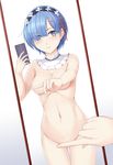  absurdres bangs blue_eyes blue_hair blush breasts cellphone cleavage detached_collar dutch_angle eyelashes eyes_visible_through_hair female_pov gradient gradient_background hair_ornament hair_over_one_eye hair_ribbon hairband highres holding holding_phone looking_at_viewer medium_breasts mirror navel nude one_finger_selfie_challenge out_of_frame phone pink_ribbon pov pov_hands re:zero_kara_hajimeru_isekai_seikatsu red_ribbon reflection rem_(re:zero) ribbon self_shot shiro_haoto short_hair smartphone smile solo stomach thigh_gap underboob white_background x_hair_ornament 