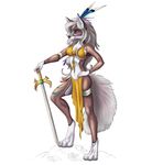  5_fingers akineza anthro armpits black_nose canine clothed clothing digitigrade female hair holding_object holding_weapon mammal melee_weapon midriff navel purple_eyes solo sword weapon white_hair wide_hips 