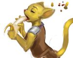  ambiguous_gender anthro banana clothed clothing eating eyes_closed fangs feline female food fruit hi_res holding_food holding_object katia_managan mammal open_mouth prequel simple_background solo suggestive the_elder_scrolls tongue tongue_out unknown_artist video_games white_background yellow_body 
