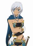  blue_eyes breasts cape cleavage crossed_arms dagger dark_skin gloves long_hair medium_breasts midriff rondoline_e_effenberg silver_hair smile solo sword tales_of_(series) tales_of_phantasia:_narikiri_dungeon_x weapon white_gloves 