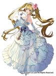  blonde_hair blue_eyes brave_sword_x_blaze_soul breasts copyright detached_sleeves dress flower hair_flower hair_ornament high_heels large_breasts long_hair looking_at_viewer matsui_hiroaki see-through_silhouette simple_background solo twintails very_long_hair white_background white_dress 