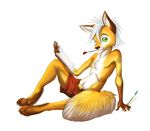  5_fingers akineza anthro barefoot brown_fur brown_nose canine clothed clothing digitigrade fox fur green_eyes hair holding_object male mammal navel simple_background sitting solo tan_fur topless white_background white_hair 