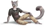  5_fingers 5_toes akineza anthro cat clothed clothing eyebrows feline fur green_eyes grey_fur male mammal pink_nose simple_background smile solo toes white_background 
