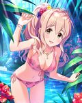 artist_request bent_over bikini blush bracelet breasts cleavage floral_print flower front-tie_bikini front-tie_top hair_flower hair_ornament high_ponytail idolmaster idolmaster_cinderella_girls jewelry long_hair medium_breasts necklace official_art open_mouth pink_hair plant saionji_kotoka side-tie_bikini smile solo swimsuit water yellow_eyes 