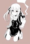  blush dress hair_ribbon kantai_collection kasumi_(kantai_collection) kneeling long_hair monochrome pinafore_dress remodel_(kantai_collection) ribbon side_ponytail simple_background solo suzuka_(rekkyo) torn_clothes torn_dress wavy_mouth 