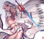  &gt;:( altera_(fate) armpits ass bare_shoulders black_panties box_(hotpppink) breasts commentary_request cowboy_shot dark_skin detached_sleeves fate/grand_order fate_(series) from_side frown groin highres holding holding_sword holding_weapon looking_at_viewer looking_to_the_side panties parted_lips photon_ray red_eyes short_hair silver_hair skirt small_breasts solo stomach sword underwear v-shaped_eyebrows veil weapon white_skirt 