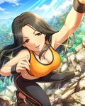  bare_shoulders breasts brown_eyes brown_hair cleavage forest helen_(idolmaster) idolmaster idolmaster_cinderella_girls jewelry large_breasts long_hair nature navel necklace official_art rock_climbing solo sports_bra sweat wristband 