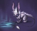  akineza ambiguous_gender blue_eyes feral fur grey_fur hair lagomorph mammal nude pink_nose purple_background rabbit simple_background solo water white_hair 