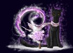  akineza black_fur black_nose blue_background cat dragon duo feline fur hair looking_at_viewer mammal nude purple_hair simple_background sitting tree whiskers yellow_eyes 