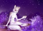  4_toes 5_fingers akineza anthro cat digitigrade feline fur hair holding_object male mammal night nude outside pink_hair purple_eyes sitting solo toes tongue white_fur 