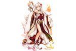  animal_ears bare_shoulders boots breasts brown_eyes cleavage collar dress fingernails flower_knight_girl fox_ears full_body hair_ornament higanbana_(flower_knight_girl) jewelry kitsune large_breasts long_hair looking_at_viewer moneti_(daifuku) official_art shakujou side_slit solo staff tail transparent_background white_hair wide_sleeves 
