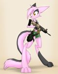  2016 anthro brown_background clothed clothing dreamkeepers female fur gun hair mammal pink_fur pink_hair ranged_weapon sandwich-anomaly shirt simple_background solo tank_top viriathus weapon 