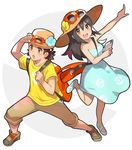  1girl backpack bag black_hair brown_hair cellphone dress flower hat highres legs_apart long_hair looking_afar messenger_bag pants pants_rolled_up phone pointing poke_ball_print poke_ball_theme pokemon pokemon_(game) pokemon_sm porkpie_hat saitou_naoki shoes short_hair shoulder_bag sightseer_(pokemon) simple_background smartphone smile sneakers sun_hat sundress sunglasses white_background 