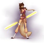  akineza anthro black_nose breasts brown_hair canine clothed clothing digitigrade female hair lightsaber mammal midriff navel purple_eyes solo standing star_wars 