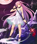  1girl boots castle felicia_(taimanin_kurenai) female lilith-soft long_hair looking_at_viewer moon night petite pink_hair red_eyes shiny_skin sky small_breasts smile taimanin_asagi taimanin_asagi_battle_arena weapon zol 