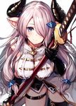  bare_shoulders between_breasts black_legwear blue_eyes blush braid breasts closed_mouth commentary cowboy_shot draph granblue_fantasy hair_ornament hair_over_one_eye highres holding holding_sword holding_weapon horns katana large_breasts lavender_hair leaning_forward long_hair looking_at_viewer narmaya_(granblue_fantasy) oyu_(sijimisizimi) pointy_ears scabbard sheath sheathed sideboob sidelocks simple_background single_thighhigh smile solo sword thigh_strap thighhighs thighs weapon white_background 