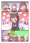  4girls :d =3 absurdres animal_ears aoba_moka bang_dream! bangs belt black_jacket black_ribbon blue_shirt blush bob_cut bow brown_eyes brown_hair cat_ears cat_tail cellphone choker comic embarrassed eyes_closed face_painting fake_animal_ears fur-trimmed_jacket fur_trim gloves grey_hair hair_bow hair_flip hair_ribbon half_updo highres holding holding_brush holding_phone hood hood_down hoodie imai_lisa jacket jitome kyou_(user_gpks5753) long_hair long_sleeves minato_yukina mitake_ran multicolored_hair multiple_girls no_eyes o-ring open_mouth paw_gloves paws phone pink_choker pom_pom_(clothes) pout puffy_cheeks purple_eyes red_hair ribbon shirt short_hair smartphone smile sparkle streaked_hair striped striped_bow studded_belt tail taking_picture trembling u_u v-shaped_eyebrows wavy_mouth whisker_markings 