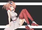  blue_eyes breasts brown_hair dress hair_ornament highres impossible_clothes kantai_collection knees_up large_breasts leaning_back legs red_legwear rure saratoga_(kantai_collection) short_sleeves sitting solo thighhighs 