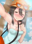 armpits bad_id bad_pixiv_id black_hair blush breasts brown_eyes covered_nipples cum cum_on_body cum_string hair_between_eyes highres long_hair one_eye_closed outstretched_arm pokemon pokemon_(game) pokemon_sm reaching_out self_shot sightseer_(pokemon) small_breasts smile solo sunglasses synchroaki 
