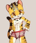  4_fingers anthro blush boxers_(clothing) brown_eyes brown_fur bulge clothing cub cute_fangs feline fur male mammal navel ocelot open_mouth pink_nose raier simple_background solo standing underwear unrealplace white_fur yellow_fur young 