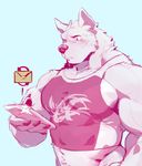  2016 anthro biceps blush canine clothed clothing fur male mammal muscular muscular_male null-ghost pecs phone shirt simple_background solo white_background white_fur wolf 