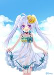  :d ahoge bad_id bad_pixiv_id blue_sky camisole cloud day flower hair_flower hair_ornament looking_at_viewer nonno official_art open_mouth original outdoors purple_eyes silver_hair skirt_hold sky smile solo standing tokinon twintails twitter_username x-overd 