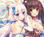  2girls animal_ears black_hair blue_eyes blush breasts brown_eyes cat_smile catgirl chocola_(sayori) corset cropped elbow_gloves gloves long_hair nekopara nipples original sayori scan tail twintails vanilla_(sayori) white_hair 