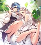  armpits bare_legs barefoot bed bed_sheet black_ribbon blue_eyes blue_hair blurry blush braid cat depth_of_field emilia_(re:zero) flower french_braid frilled_sleeves frills from_above hair_flower hair_ornament hair_ribbon highres indoors long_hair looking_at_viewer lying maid miyaza multiple_girls on_back on_bed on_stomach pillow plant puck_(re:zero) purple_eyes purple_ribbon re:zero_kara_hajimeru_isekai_seikatsu rem_(re:zero) ribbon ribbon-trimmed_clothes ribbon_trim short_hair silver_hair single_thighhigh smile thighhighs underbust very_long_hair white_legwear x_hair_ornament 