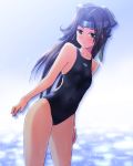 1girl absurdres arena_(company) beach blue_sky breasts brown_eyes brown_hair cloud cloudy_sky collarbone competition_school_swimsuit competition_swimsuit cowboy_shot dutch_angle eyebrows_visible_through_hair forehead_protector graphite_(medium) hair_intakes headband highres jintsuu_(kantai_collection) kantai_collection light_particles long_hair mechanical_pencil one-piece_swimsuit pencil reflection remodel_(kantai_collection) sky small_breasts solo standing sunlight swimsuit tennouji_masamichi traditional_media 