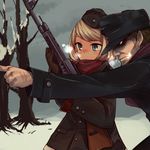  1girl adapted_uniform assault_rifle bare_tree blonde_hair blue_eyes blush breath coat commentary garrison_cap gloves gun hat military military_uniform open_mouth original pointing pointy_ears profile rifle scarf serious snow soldier stg44 suo_(sndrta2n) tree uniform weapon world_war_ii 