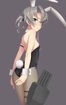  :&lt; animal_ears armband ass bangs bare_shoulders black_leotard breasts bunny_ears bunny_tail bunnysuit closed_mouth cowboy_shot cross-laced_clothes detached_collar eyebrows eyebrows_visible_through_hair fishnet_pantyhose fishnets from_side gloves grey_background hair_between_eyes hair_ornament hairclip kantai_collection leotard long_hair looking_at_viewer nowaki_(kantai_collection) pantyhose pout sanhon side-tie_leotard sideboob sidelocks silver_hair simple_background skindentation small_breasts solo strapless strapless_leotard swept_bangs tail thigh_strap turret v-shaped_eyebrows wrist_cuffs 