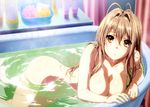  absurdres amagi_brilliant_park antenna_hair artist_request bath bathing bathroom bathtub blush breasts brown_eyes brown_hair cleavage convenient_arm convenient_censoring dutch_angle highres indoors large_breasts long_hair looking_at_viewer lying nude nyantype official_art on_side open_mouth partially_submerged sento_isuzu shiny shiny_hair shiny_skin solo sponge water wet 