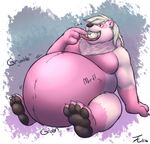  2016 4_toes anthro arm_support bear belly big_belly black_eyes black_nose claws digital_media_(artwork) duo feet_first fur hair hi_res hyper hyper_belly lagomorph looking_away male mammal moobs multicolored_fur neck_tuft nude obese onomatopoeia oral_vore overweight overweight_male pink_fur pink_tongue plantigrade rabbit reclining signature simple_background soles solo_focus sound_effects tanio teeth toe_claws toes tongue tongue_out tuft two_tone_fur vore weight_gain white_fur white_hair 