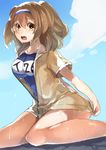  absurdres breasts cloud day hairband highres i-26_(kantai_collection) kantai_collection large_breasts light_brown_eyes light_brown_hair long_hair looking_at_viewer meru_(merumumu) new_school_swimsuit old_school_swimsuit one-piece_swimsuit open_mouth sailor_collar school_swimsuit short_sleeves sitting sky solo swimsuit two-tone_hairband two_side_up wariza wet 
