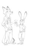  2016 akiric anthro barefoot black_and_white canine clothed clothing disney duo eye_contact eyewear female fist_bump fox hand_on_hip judy_hopps lagomorph male mammal monochrome necktie nick_wilde police_uniform rabbit simple_background smile standing sunglasses uniform white_background zootopia 