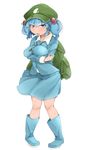  backpack bag bangs between_breasts blue_hair blue_shirt blue_skirt blunt_bangs boots breast_hold breasts collared_shirt covered_nipples crossed_arms dress dress_shirt eyebrows eyebrows_visible_through_hair flanvia full_body hair_bobbles hair_ornament hat highres kawashiro_nitori large_breasts legs_apart long_sleeves open_mouth pigeon-toed rubber_boots shirt short_hair simple_background skirt skirt_set solo standing sweat touhou two_side_up white_background white_shirt 