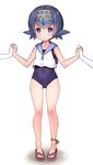  :o anklet blue_eyes blue_hair blue_sailor_collar breasts bright_pupils covered_navel full_body hairband holding_hands jewelry matanonki one-piece_swimsuit out_of_frame pokemon pokemon_(game) pokemon_sm sailor_collar sandals short_hair simple_background sleeveless small_breasts solo_focus standing suiren_(pokemon) swimsuit swimsuit_under_clothes trial_captain white_background 