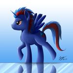  2016 blue_fur blue_hair cutie_mark duskie-06 equine fan_character feathered_wings feathers feral fur gradient_background hair horn male mammal my_little_pony red_eyes red_hair simple_background smile solo winged_unicorn wings 
