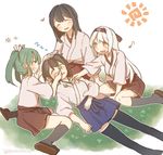 :d ^_^ ^o^ akagi_(kantai_collection) black_hair black_legwear blush brown_hair closed_eyes clover commentary eighth_note four-leaf_clover giggling green_hair grin hairband hakama_skirt heart ina_(1813576) japanese_clothes kaga_(kantai_collection) kantai_collection kneehighs lap_pillow long_hair lying multiple_girls musical_note on_back open_mouth outline petting pleated_skirt seiza short_sleeves shoukaku_(kantai_collection) side_ponytail sitting skirt sleeping sleeping_on_person smile straight_hair thighhighs twitter_username wariza white_hair zuikaku_(kantai_collection) zzz 