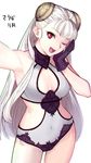  ;d armpits bangs bare_shoulders black_gloves breasts capcom_fighting_jam cleavage cleavage_cutout covered_navel gloves hairpods hand_on_own_face highres ingrid long_hair one-piece_swimsuit one_eye_closed open_mouth reaching_out red_eyes self_shot small_breasts smile solo swimsuit tetsu_(kimuchi) white_hair 