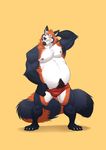  2016 4_toes 5_fingers anthro armpit_hair belly biceps big_belly big_tail black_fur black_tail body_hair bulge chest_tuft claws clothed clothing digital_media_(artwork) fluffy fluffy_tail front_view full-length_portrait fur furrybob hand_behind_head happy_trail hi_res long_tail looking_at_viewer male mammal multicolored_fur muscular muscular_male navel nipples orange_background orange_fur orange_tail pecs pink_nipples portrait red_panda ringed_tail signature simple_background slightly_chubby smile solo standing teasing toe_claws toes topless tuft two_tone_tail underwear undressing white_fur 