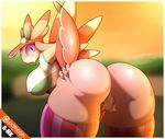  big_breasts big_butt blush breasts butt claws clothed clothing female legwear looking_at_viewer nintendo nipple_bulge nipples panties pok&eacute;mon purple_eyes r-mk rear_view socks solo spreading thick_thighs thigh_socks tongue tongue_out underwear video_games 